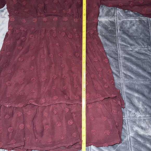 Speechless Dress Burgundy Size 7 Y2K Vibe Swiss Polka Dot Sheer sleeves Ruffles - Picture 10 of 12